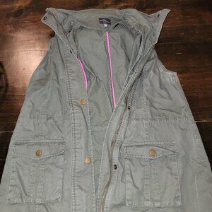 Market & Spruce Cargo Utility Army Green Hooded Zip Vest Women M